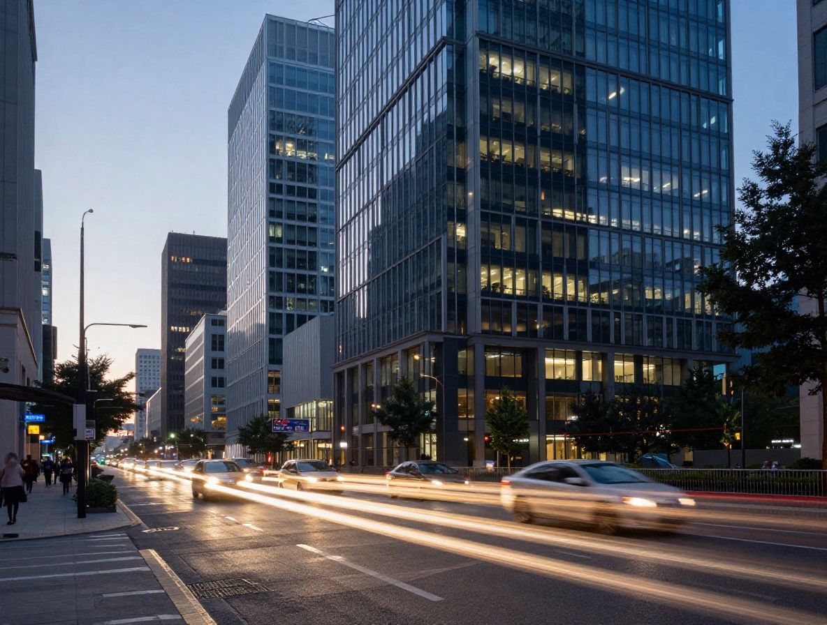 Wide urban boulevard photographed at dusk with long exposure light trails from passing vehicles, geometric glass buildings reflecting the last daylight, representing the structured intensity of modern city living
