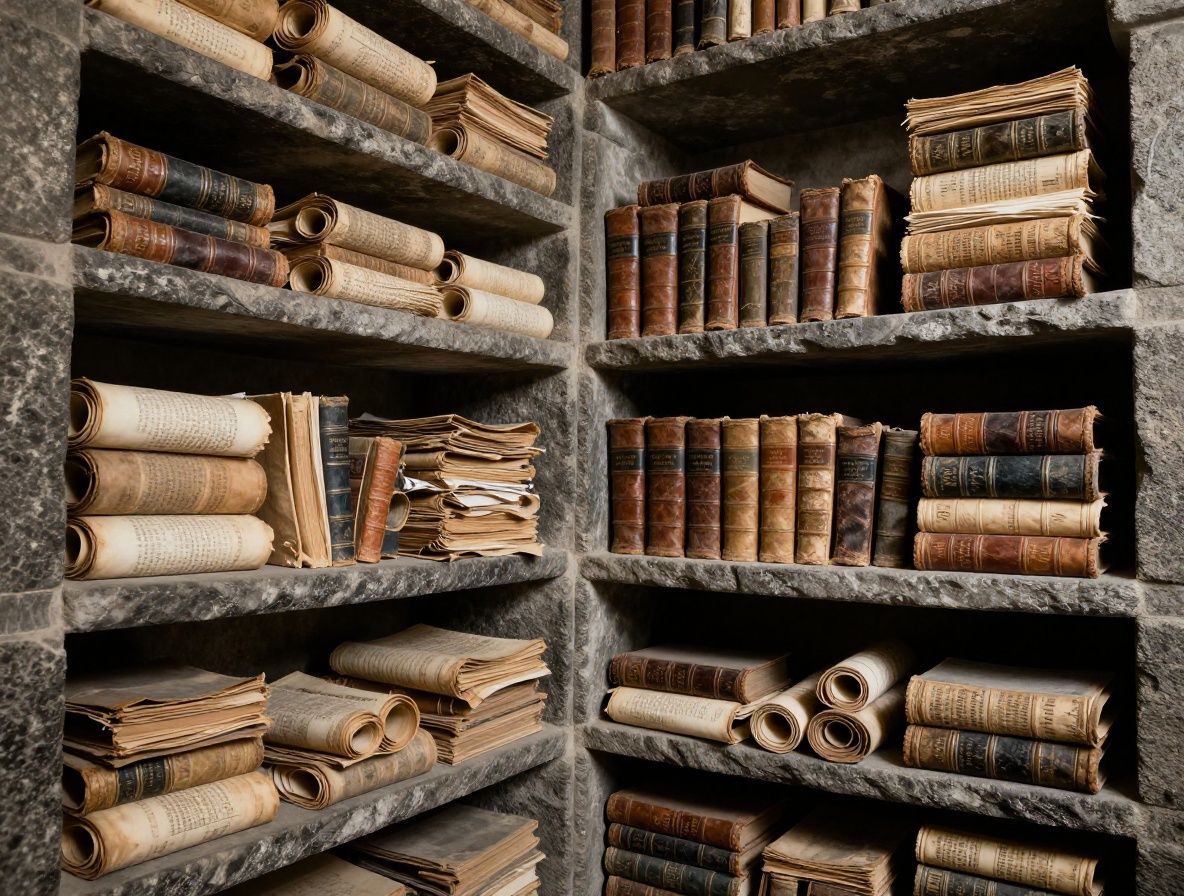 Ancient stone library shelves with weathered manuscript scrolls and aged leather-bound books in a dimly lit chamber, evoking centuries of accumulated knowledge and historical scholarship