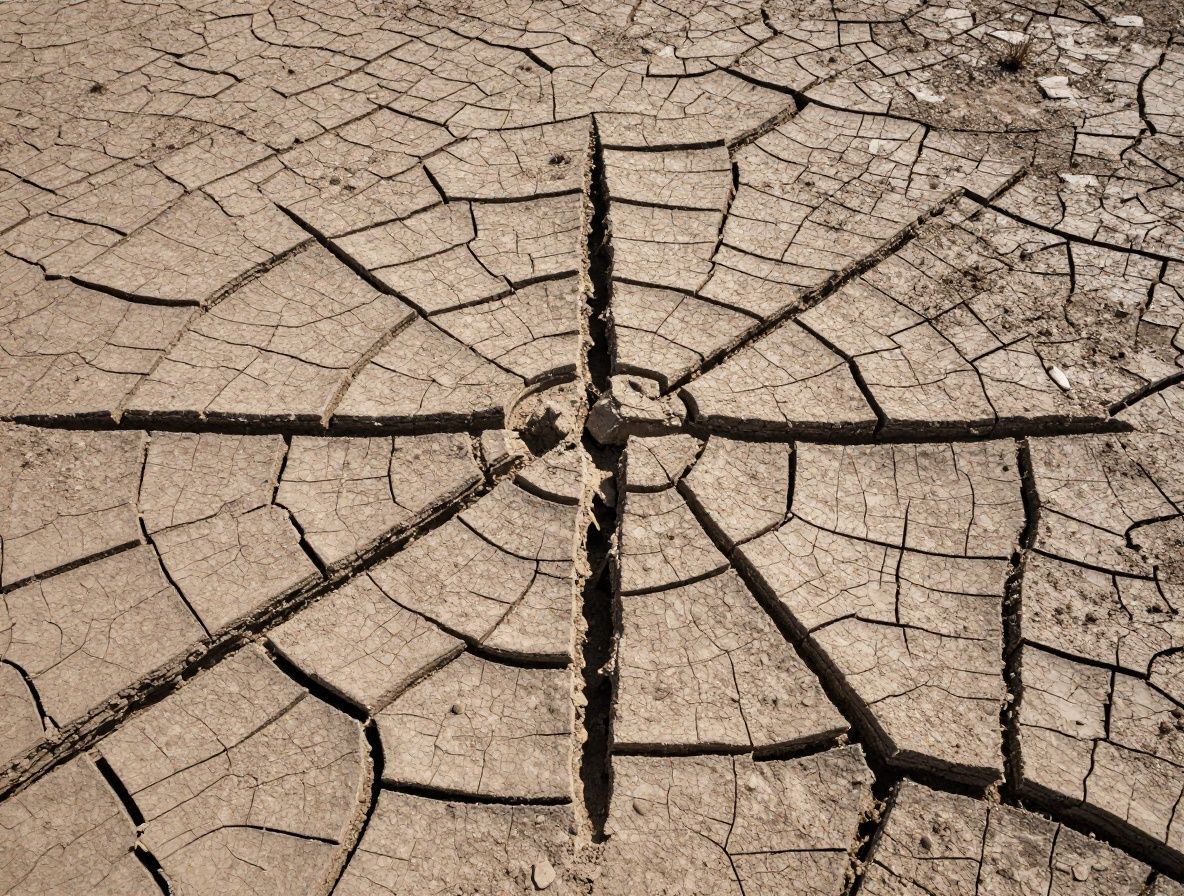 A cracked dry earth surface in strong sunlight with deep geometric patterns, representing the concept of rigid thinking, oversimplification, and false certainty in understanding complex systems