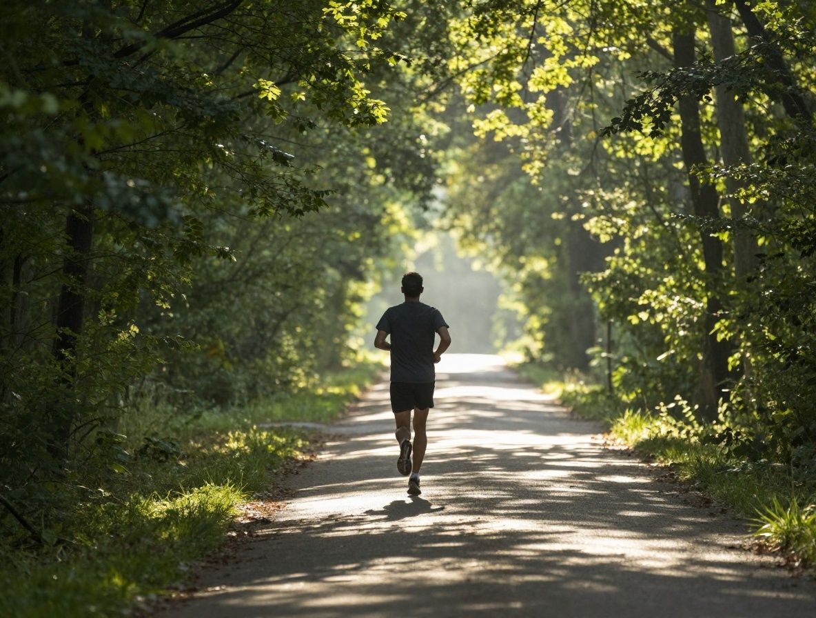 A solitary jogger seen from behind on a tree-lined path during the soft light of early morning, surrounded by green foliage and dappled shadows, conveying the rhythm of regular physical movement in a natural setting