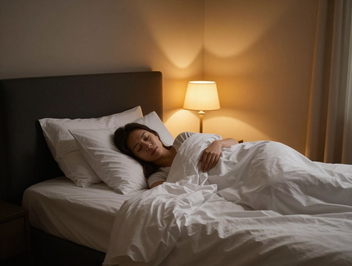 Dimly lit bedroom at night with a single lamp casting warm amber light on a neatly made bed with white linen, representing restorative sleep and the importance of rest cycles in maintaining biological equilibrium
